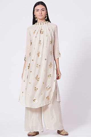 Ivory Sequins Embroidered Long Kurta Set by Poshak apparels