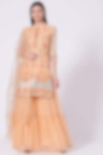 Peach Georgette Three-Layered Gharara Set by Poshak apparels