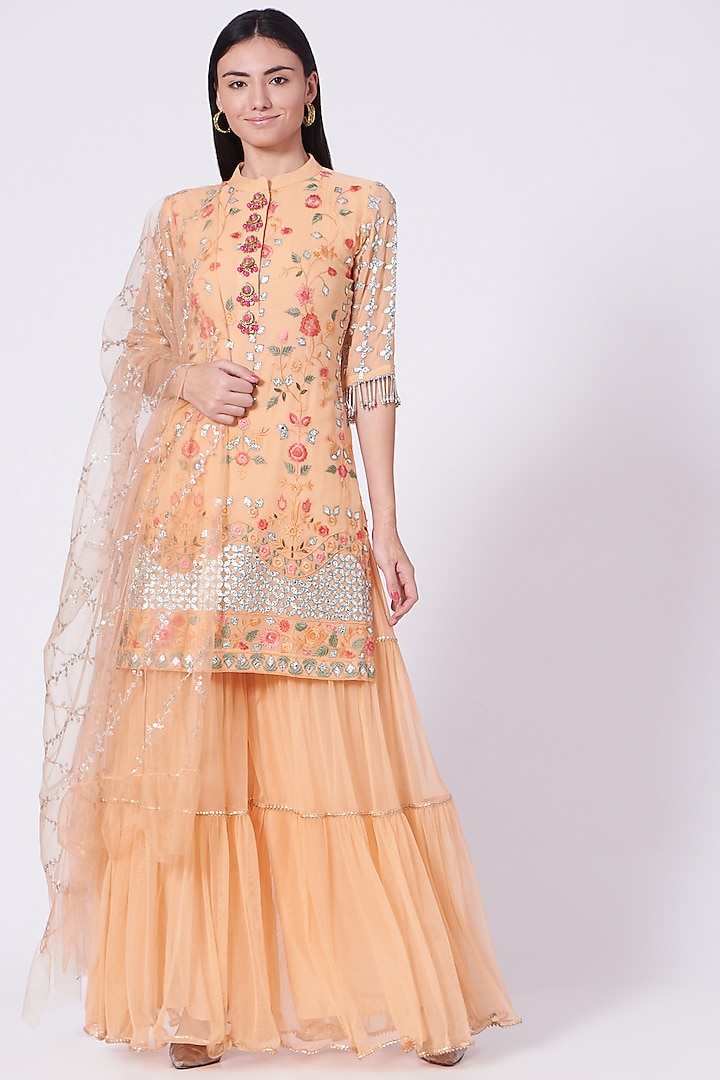 Peach Georgette Three-Layered Gharara Set by Poshak apparels