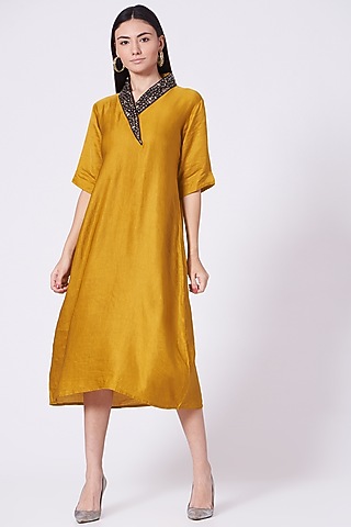 Mustard Metallic Embroidered Straight Kurta Dress by Poshak apparels