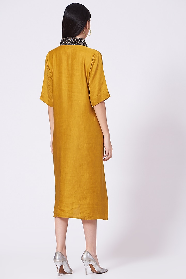 Mustard Metallic Embroidered Straight Kurta Summer Dress by Poshak apparels at Pernia's Pop Up Shop