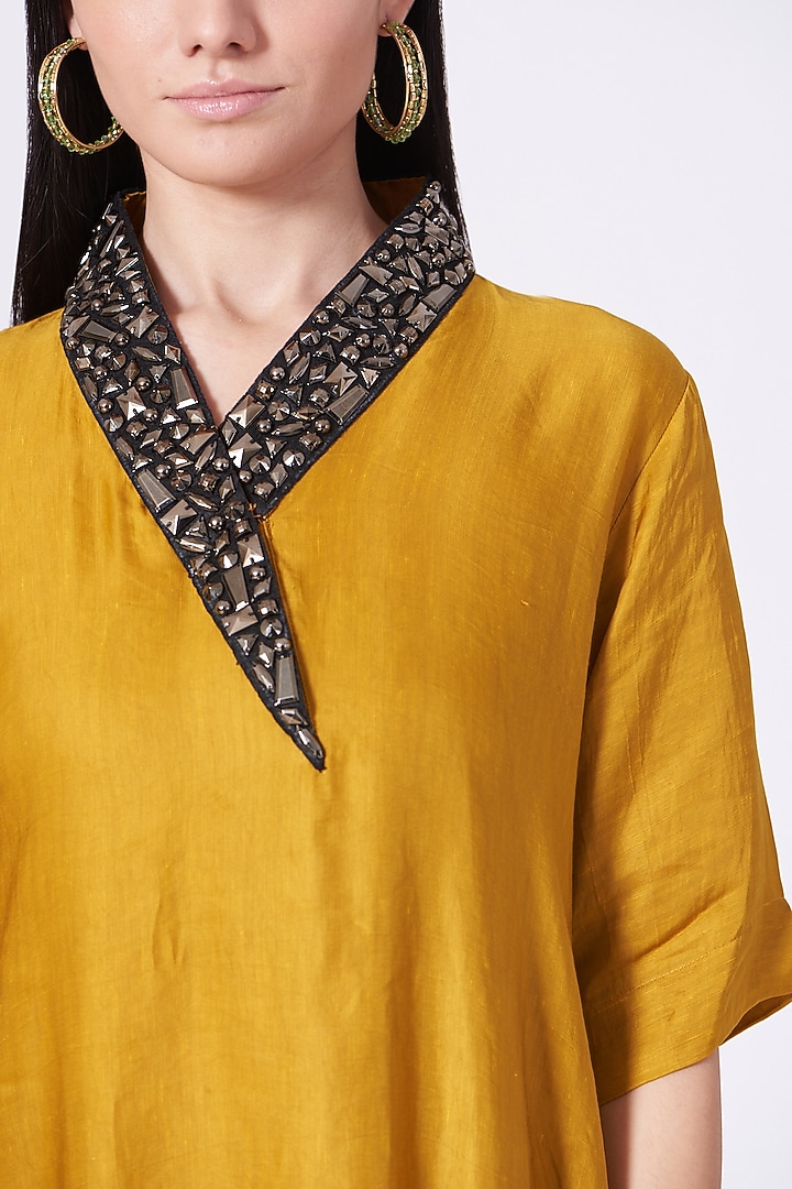 Mustard Metallic Embroidered Straight Kurta Summer Dress by Poshak apparels at Pernia's Pop Up Shop