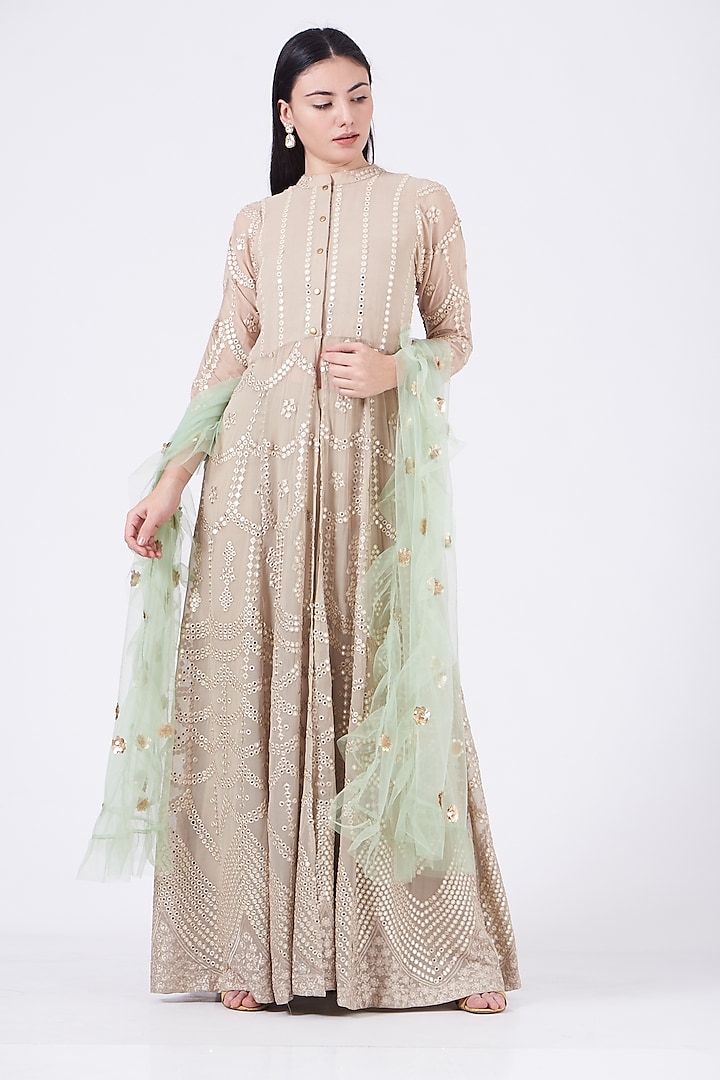 Nude Embroidered Front-Open Jacket Set by Poshak apparels