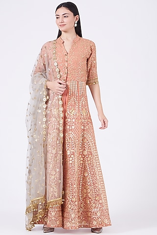 Carrot Orange Embroidered Front-Open Jacket Set by Poshak apparels