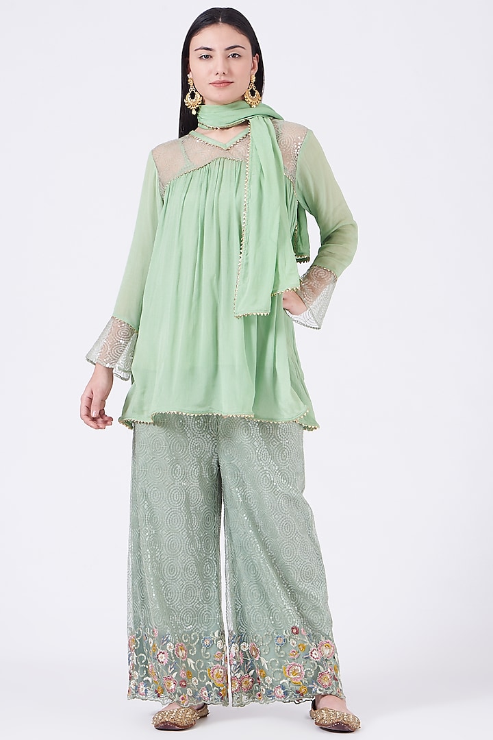 Mint Green Georgette Flared Tunic Set by Poshak apparels