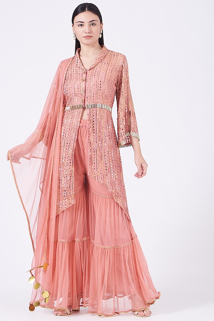 Carrot Pink Embroidered Kurta Set by Poshak apparels at Pernia's Pop Up Shop