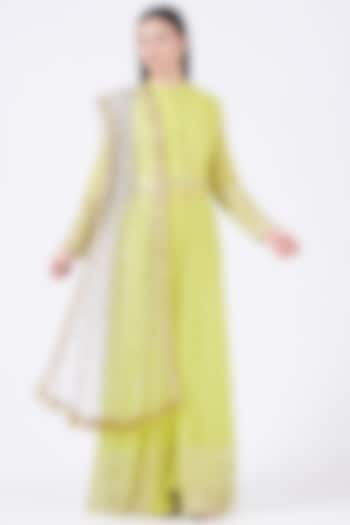 Yellow Embroidered Front-Open Jacket Set by Poshak apparels