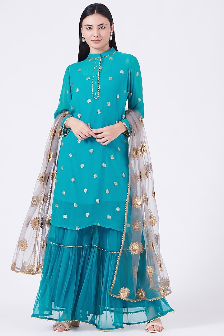 Turquoise Net Layered Gharara Set by Poshak apparels