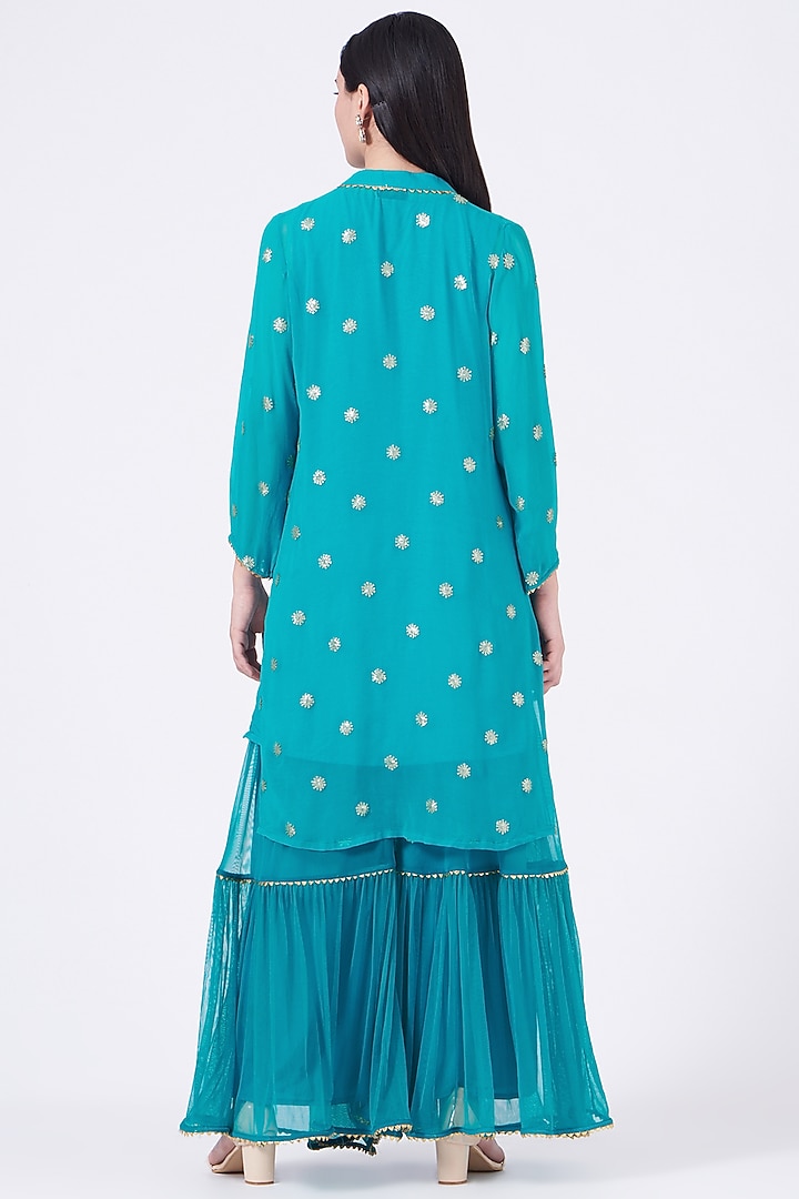 Turquoise Net Layered Gharara Set by Poshak apparels at Pernia's Pop Up Shop