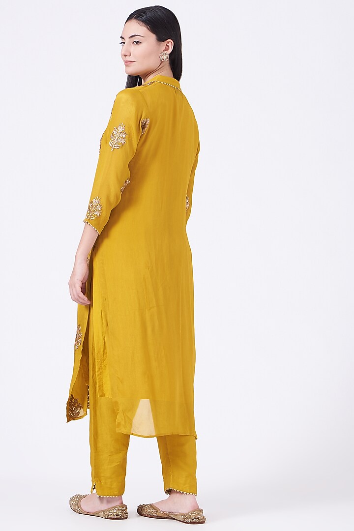 Mustard Hand Embroidered Kurta Set by Poshak apparels at Pernia's Pop Up Shop