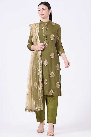 Olive Green Hand Embroidered Kurta Set by Poshak apparels