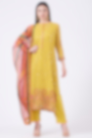 Citrus Yellow Embroidered Kurta Set by Poshak apparels