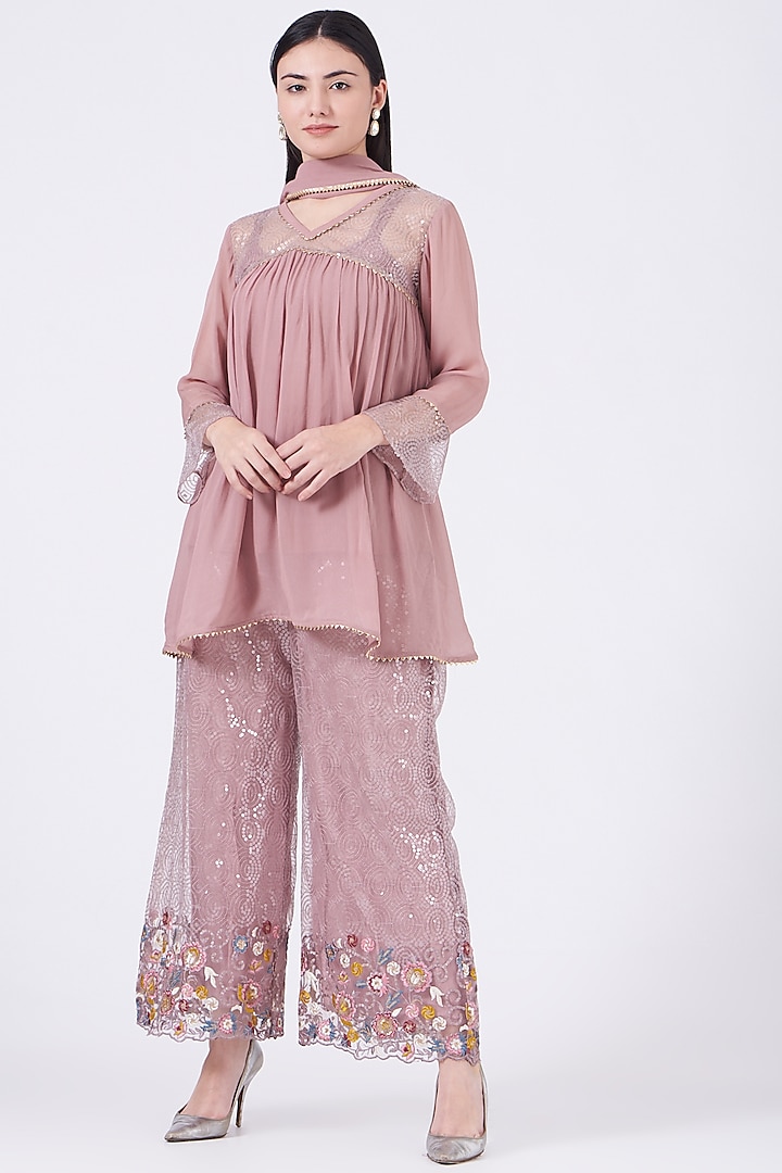 Faded Pink Georgette Flared Tunic Set by Poshak apparels