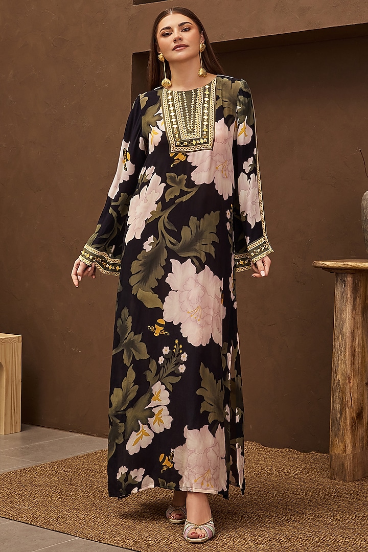 Black Crepe Printed & Embroidered Kaftan by PAPA DONT PREACH PRET