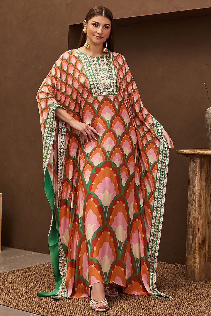 Orange Crepe Printed & Embroidered Kaftan by PAPA DONT PREACH PRET