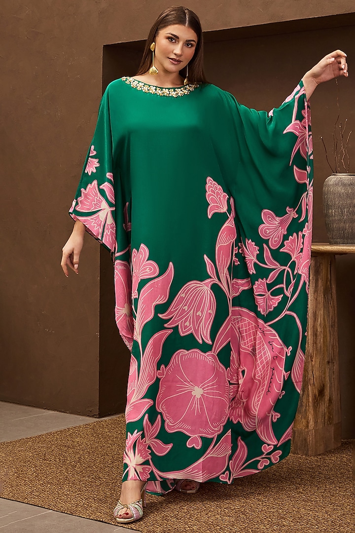 Green Crepe Printed & Embroidered Kaftan by PAPA DONT PREACH PRET
