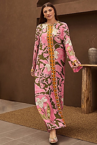 Olive Green Crepe Printed & Embroidered Kaftan by PAPA DONT PREACH PRET