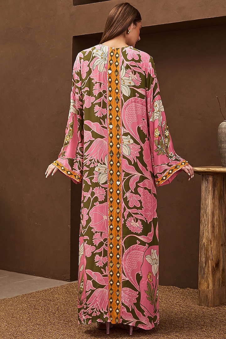 Olive Green Crepe Printed & Embroidered Kaftan by PAPA DONT PREACH PRET at Pernia's Pop Up Shop