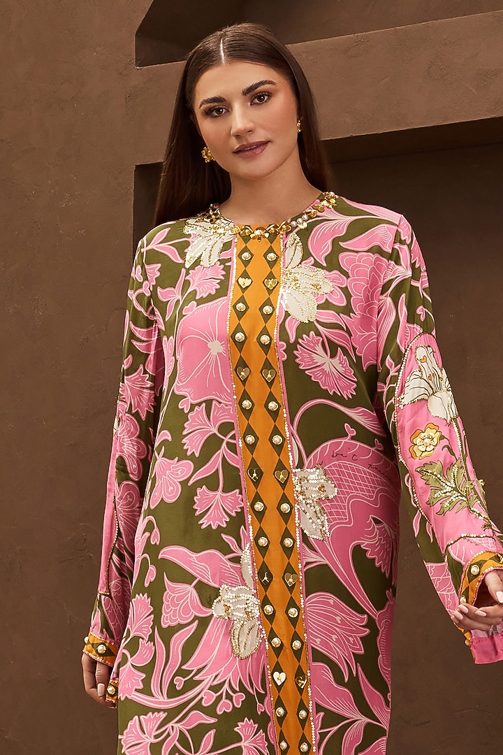 Olive Green Crepe Printed & Embroidered Kaftan by PAPA DONT PREACH PRET at Pernia's Pop Up Shop