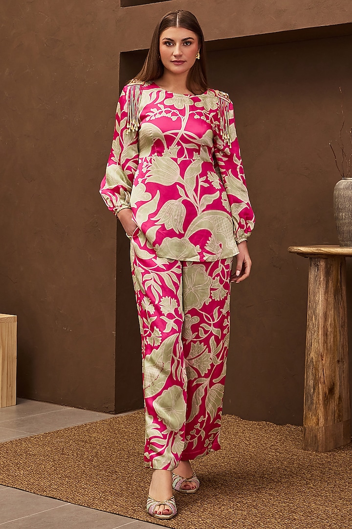 Pink Satin Linen Printed & Embroidered Co-Ord Set by PAPA DONT PREACH PRET