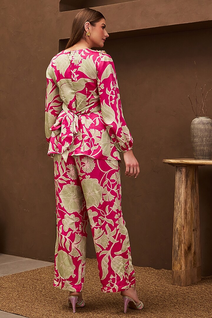 Pink Satin Linen Printed & Embroidered Co-Ord Set by PAPA DONT PREACH PRET at Pernia's Pop Up Shop