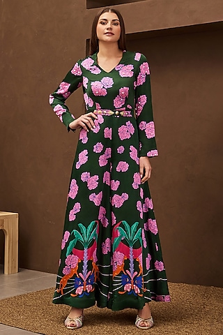 Green Satin Linen Printed & Embroidered Jumpsuit by PAPA DONT PREACH PRET