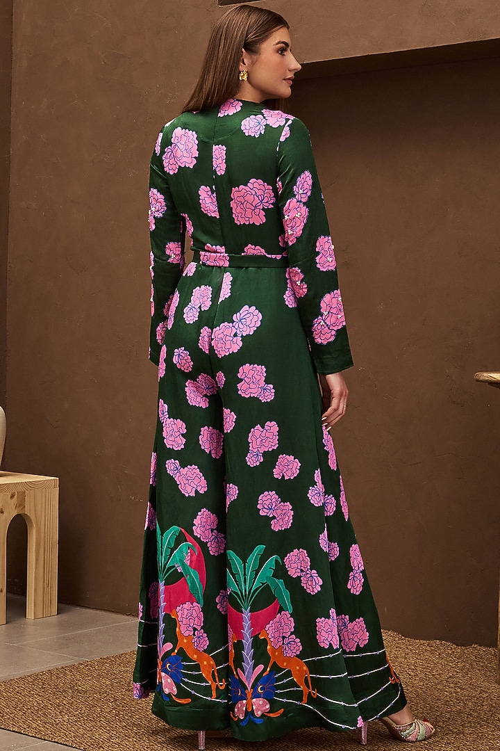 Green Satin Linen Printed & Embroidered Jumpsuit by PAPA DONT PREACH PRET at Pernia's Pop Up Shop