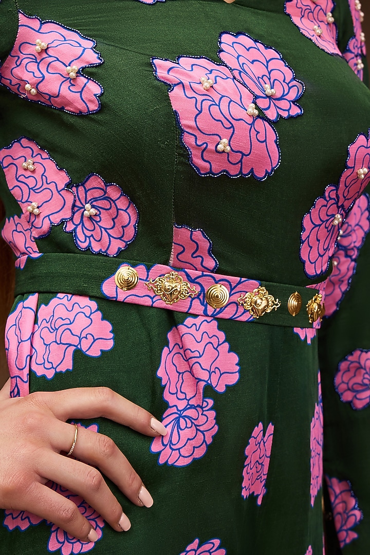 Green Satin Linen Printed & Embroidered Jumpsuit by PAPA DONT PREACH PRET at Pernia's Pop Up Shop