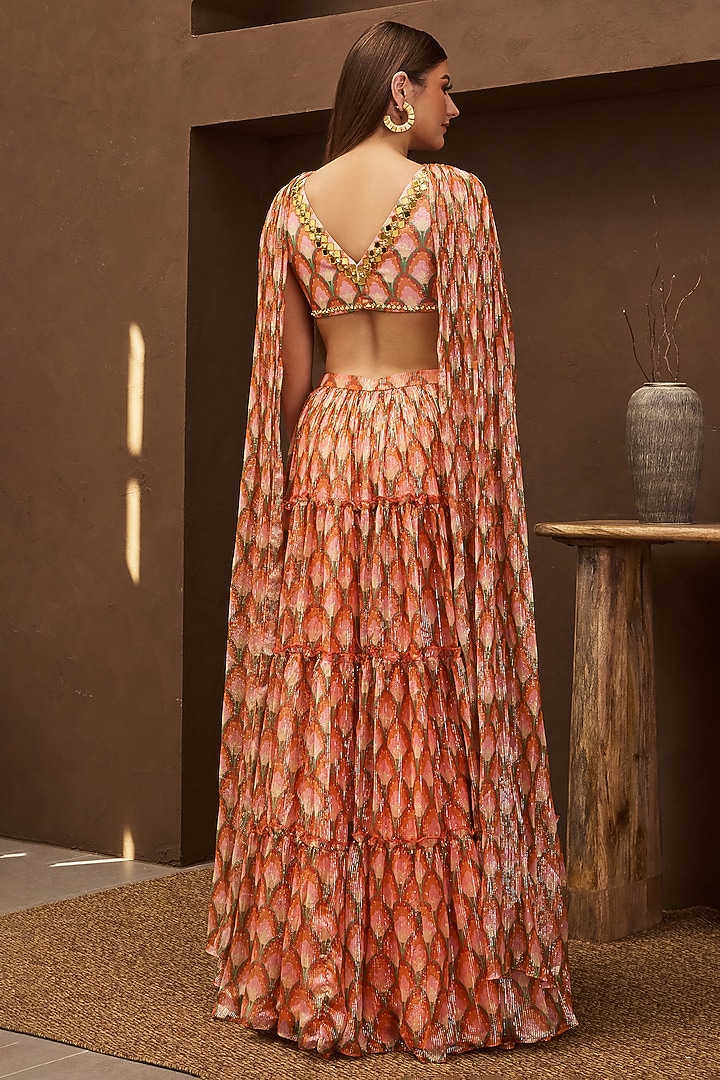 Orange Lurex Tulip Printed Layered Wedding Lehenga Set by PAPA DONT PREACH PRET at Pernia's Pop Up Shop