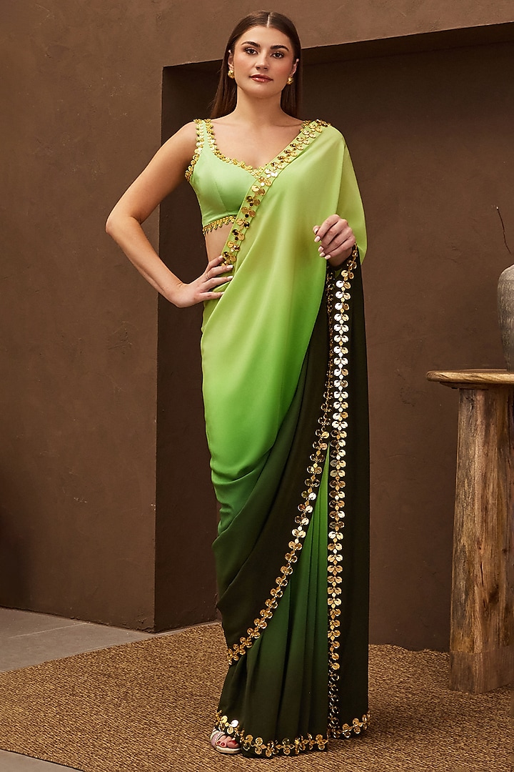 Green Ombre Crepe Acrylic Embroidered Pre-Stitched Saree Set by PAPA DONT PREACH PRET