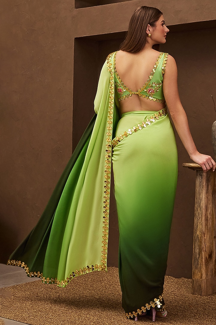Green Ombre Crepe Acrylic Embroidered Pre-Stitched Reception Saree Set by PAPA DONT PREACH PRET at Pernia's Pop Up Shop