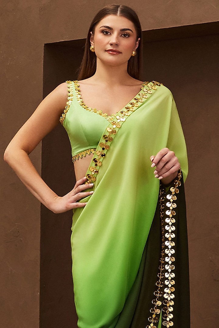 Green Ombre Crepe Acrylic Embroidered Pre-Stitched Reception Saree Set by PAPA DONT PREACH PRET at Pernia's Pop Up Shop