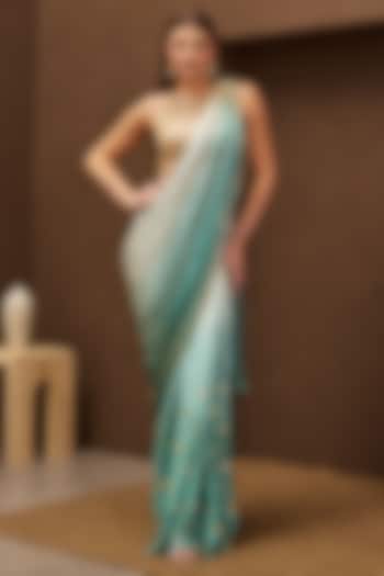 Teal Ombre Georgette Satin Pre-Stitched Embroidered Saree Set by PAPA DONT PREACH PRET