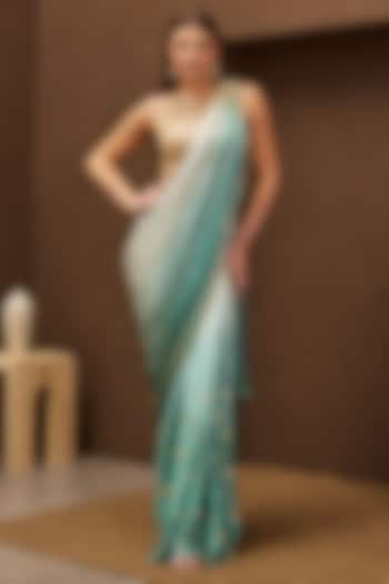 Teal Ombre Crepe Pre-Stitched Embroidered Saree Set by PAPA DONT PREACH PRET