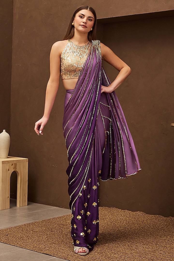 Purple Ombre Georgette Satin Pre-Stitched Embroidered Saree Set by PAPA DONT PREACH PRET