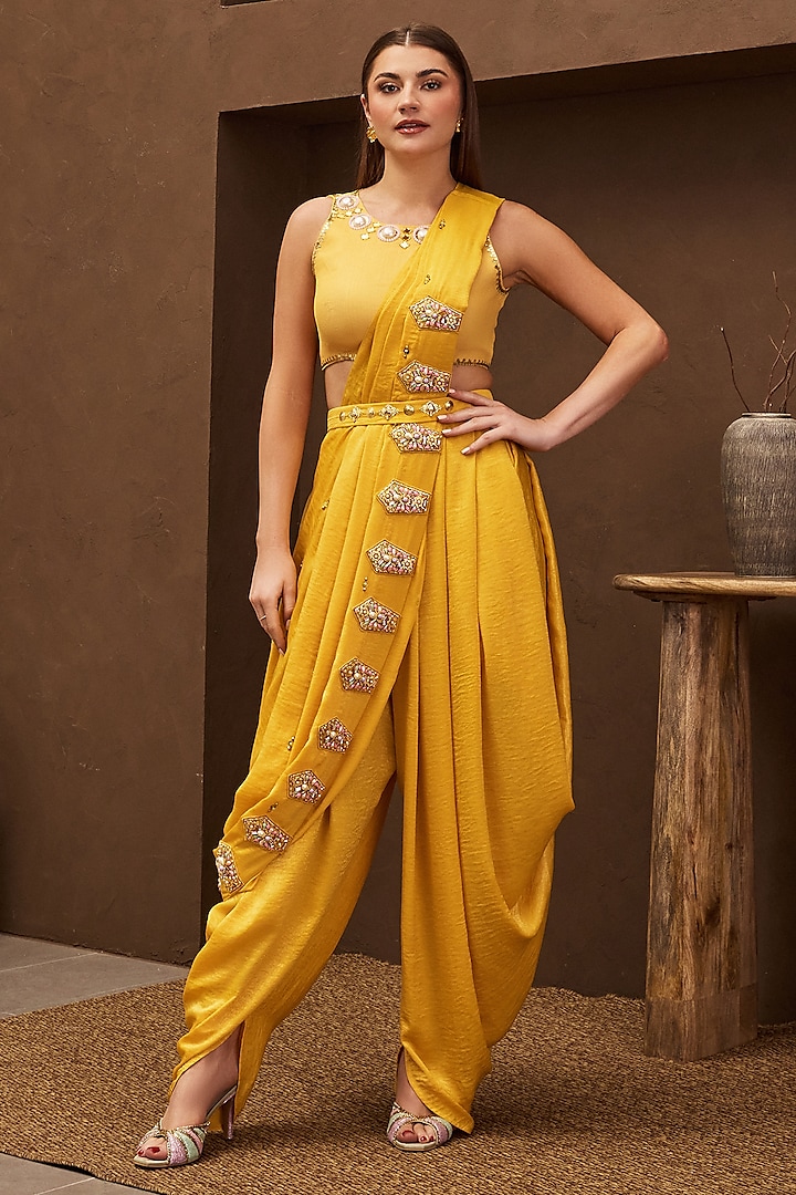 Yellow Satin Embroidered Dhoti Saree Set by PAPA DONT PREACH PRET