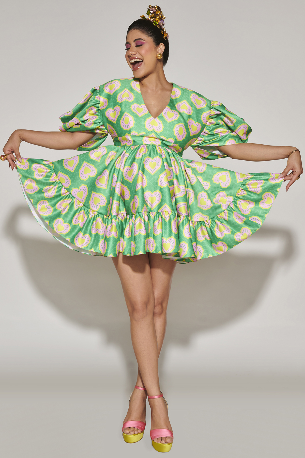 Green Himalayan Satin Printed Frilled Dress by PAPA by Papa Don't Preach