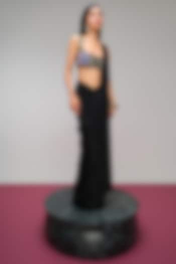 Black Raw Silk & Lycra Embellished Pre-Stitched Draped Reception Saree Set by PAPA DONT PREACH PRET at Pernia's Pop Up Shop