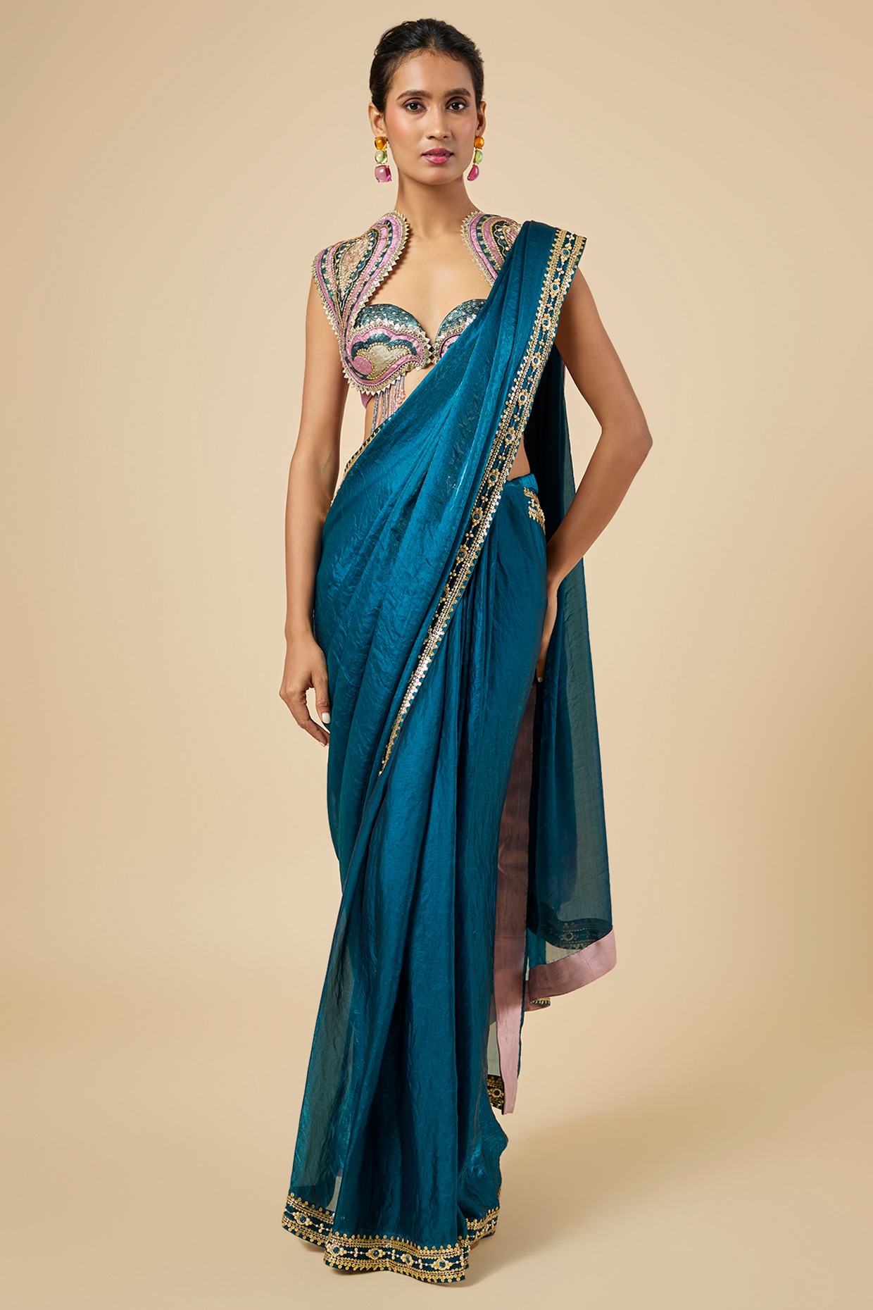 PAPA DONT PREACH PRET Petrol Blue Jacquard & Organza Hand Embroidered Pre-Stitched Saree Set