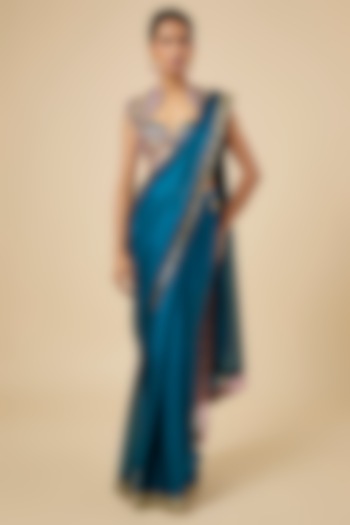 Petrol Blue Jacquard & Organza Hand Embroidered Pre-Stitched Reception Saree Set by PAPA DONT PREACH PRET at Pernia's Pop Up Shop