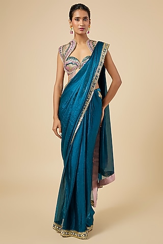 Petrol Blue Jacquard & Organza Hand Embroidered Pre-Stitched Saree Set by PAPA DONT PREACH PRET