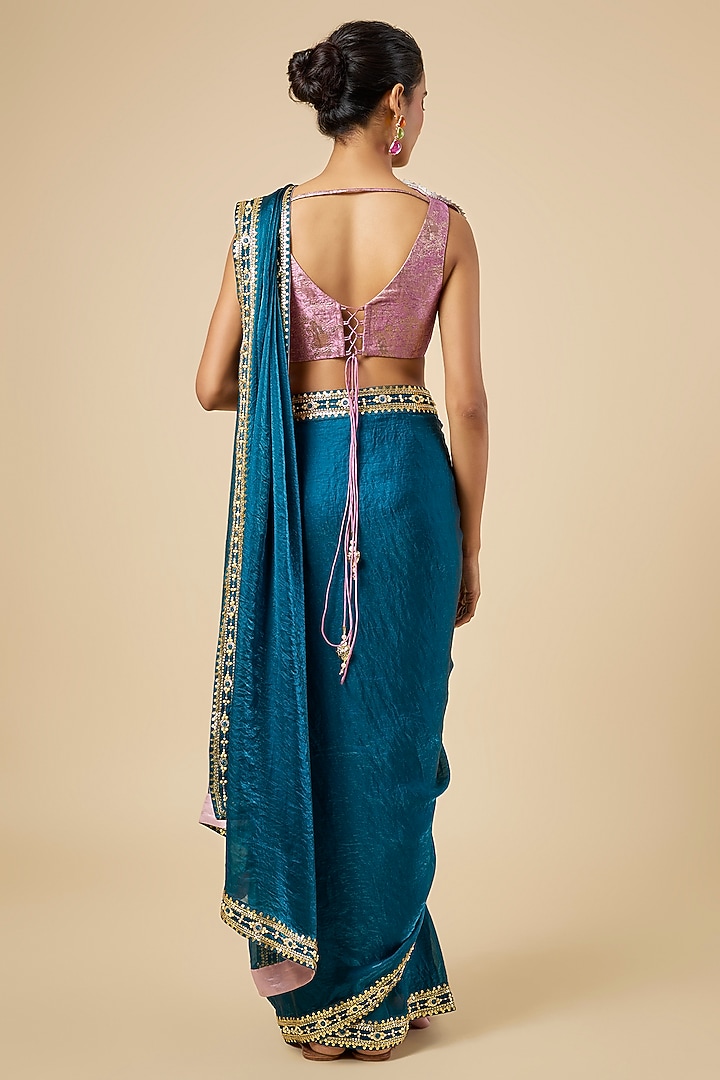 Petrol Blue Jacquard & Organza Hand Embroidered Pre-Stitched Reception Saree Set by PAPA DONT PREACH PRET at Pernia's Pop Up Shop