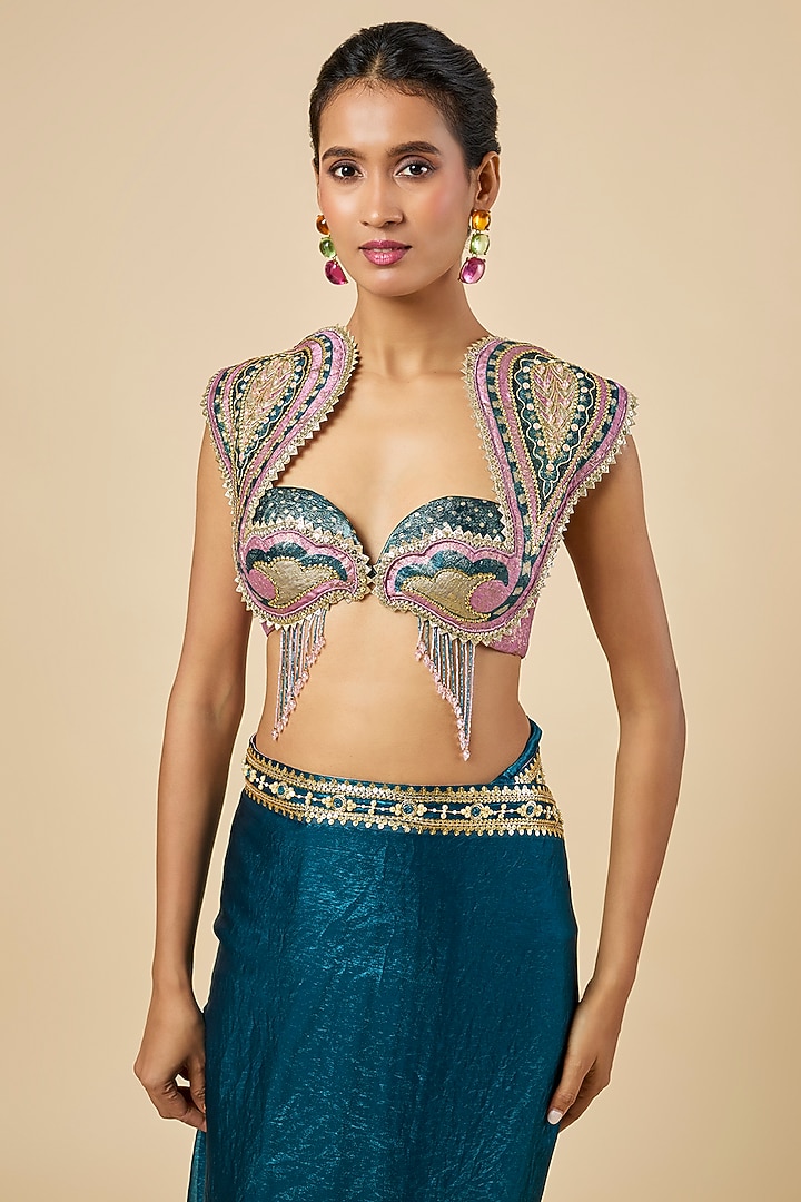 Petrol Blue Jacquard & Organza Hand Embroidered Pre-Stitched Reception Saree Set by PAPA DONT PREACH PRET at Pernia's Pop Up Shop