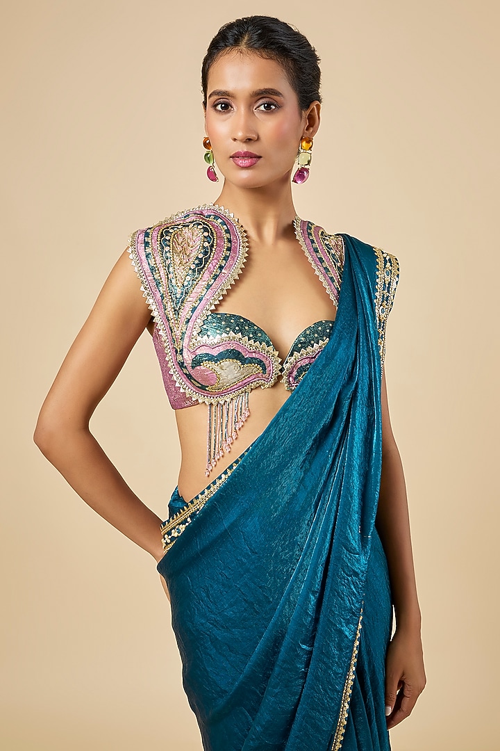 Petrol Blue Jacquard & Organza Hand Embroidered Pre-Stitched Reception Saree Set by PAPA DONT PREACH PRET at Pernia's Pop Up Shop
