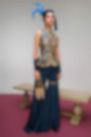 Petrol Blue Crushed Satin Printed & Pearl Embroidered Bridal Sharara Set by PAPA DONT PREACH PRET at Pernia's Pop Up Shop