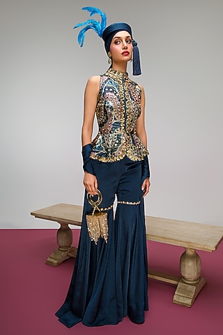 Petrol Blue Crushed Satin Printed & Pearl Embroidered Sharara Set by PAPA DONT PREACH PRET