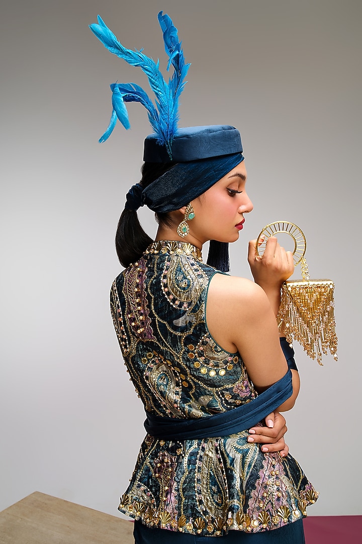 Petrol Blue Crushed Satin Printed & Pearl Embroidered Bridal Sharara Set by PAPA DONT PREACH PRET at Pernia's Pop Up Shop