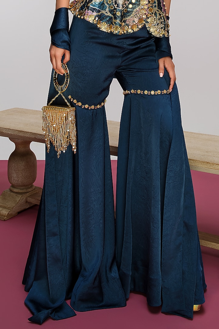 Petrol Blue Crushed Satin Printed & Pearl Embroidered Bridal Sharara Set by PAPA DONT PREACH PRET at Pernia's Pop Up Shop