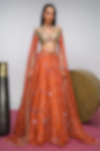 Brick Orange Organza Printed & Sequins Embroidered Bridal Lehenga Set by PAPA DONT PREACH PRET at Pernia's Pop Up Shop
