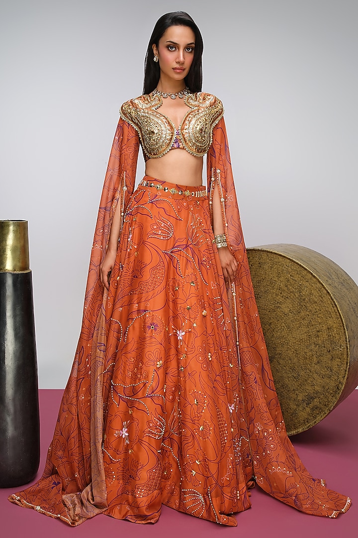 Brick Orange Organza Printed & Sequins Embroidered Bridal Lehenga Set by PAPA DONT PREACH PRET at Pernia's Pop Up Shop